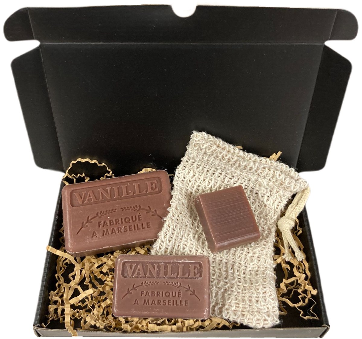 Goedkoopste Zeepbox cadeau Vanille 1x125 g. 1x60 g. 1x30g. 1x Sisal zeep scrub zakje