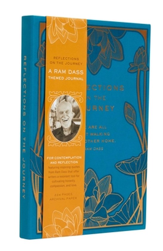 Blauw "Reflections on the Journey" notitieboek met goudkleurige lotusbloemmotieven en een oranje omslag met een portret van Ram Dass.