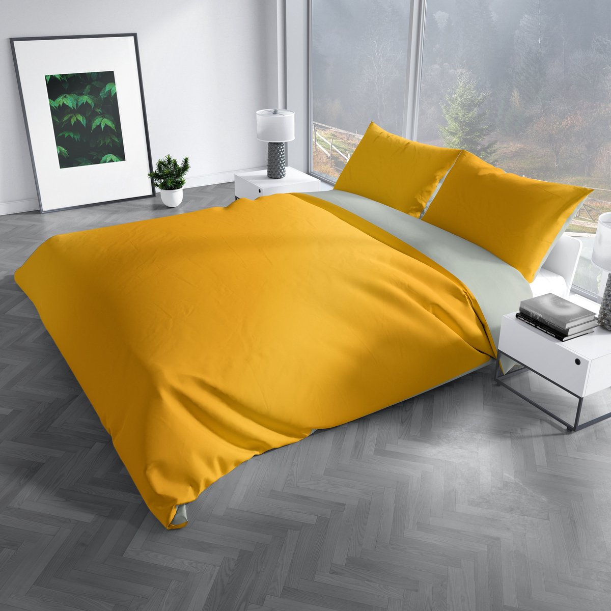 Charm & Co Dubbelzijdig Geel Grijs - Dekbedovertrek - Lits-jumeaux - 240 x 200/220