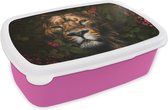 Broodtrommel Roze - Lunchbox - Brooddoos - Jungle - Leeuw - Vlinder - Bloemen - 18x12x6 cm - Kinderen - Meisje