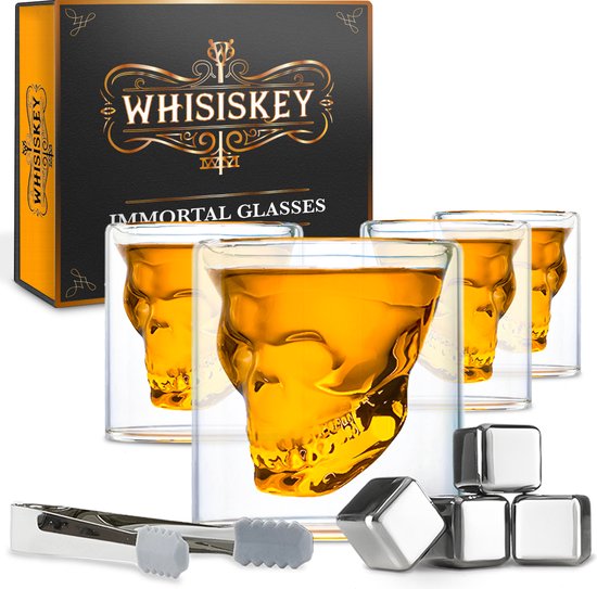 Whisiskey Schedel Whiskey Glazen - 4 Drank Glazen - Whiskey glazen set - Waterglazen - Drinkglazen - Skull Glas - Doodshoofd - Cadeau