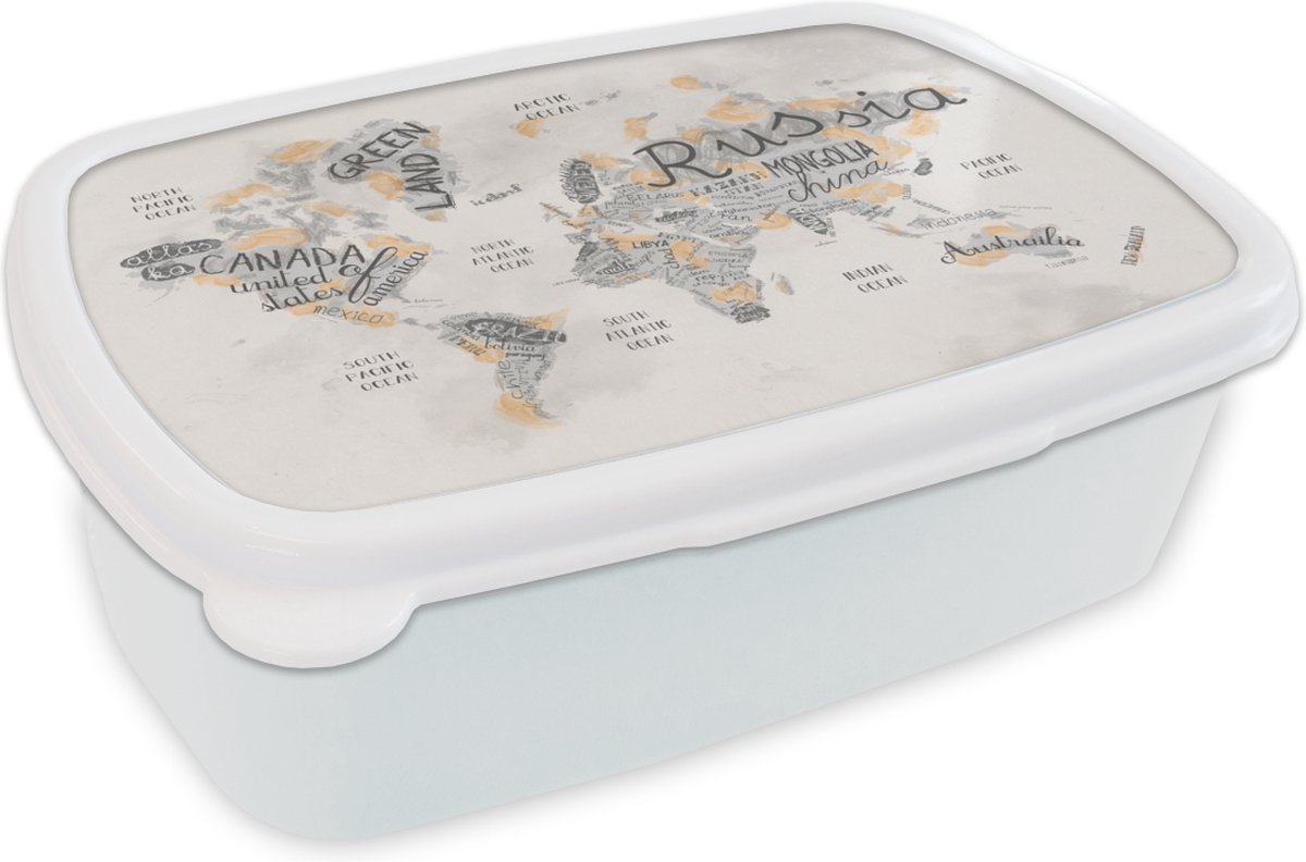 Broodtrommel Wit - Lunchbox - Brooddoos - Wereldkaart - Letters - Bruin - 18x12x6 cm - Volwassenen