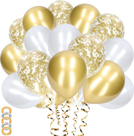 Partizzle 50x Papieren Confetti & Latex Helium Ballonnen - Ballonnenboog Decoratie - Wit en Goud
