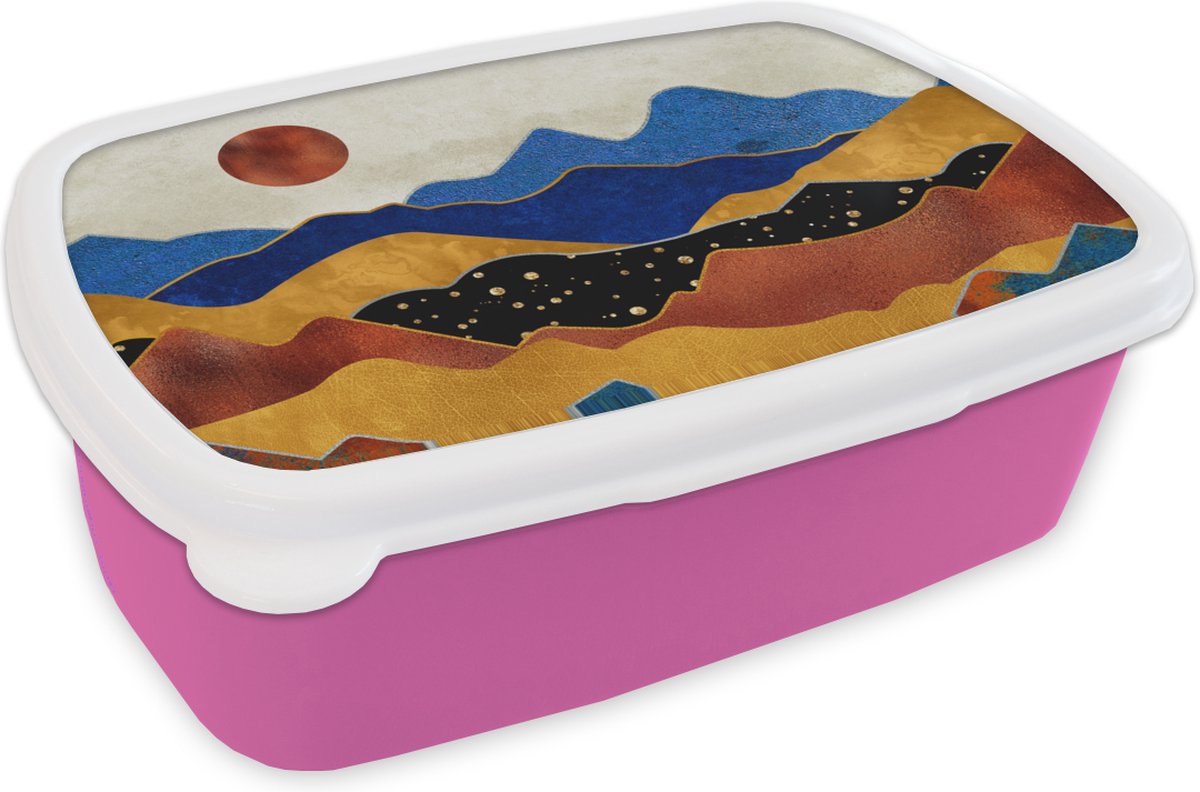 Broodtrommel Roze - Lunchbox - Brooddoos - Marmer - Goud - Blauw - 18x12x6 cm - Kinderen - Meisje