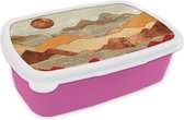 Broodtrommel Roze - Lunchbox Vintage - Krant - Brons - Abstract - Landschap - Kleuren - Brooddoos 18x12x6 cm - Brood lunch box - Broodtrommels voor kinderen en volwassenen