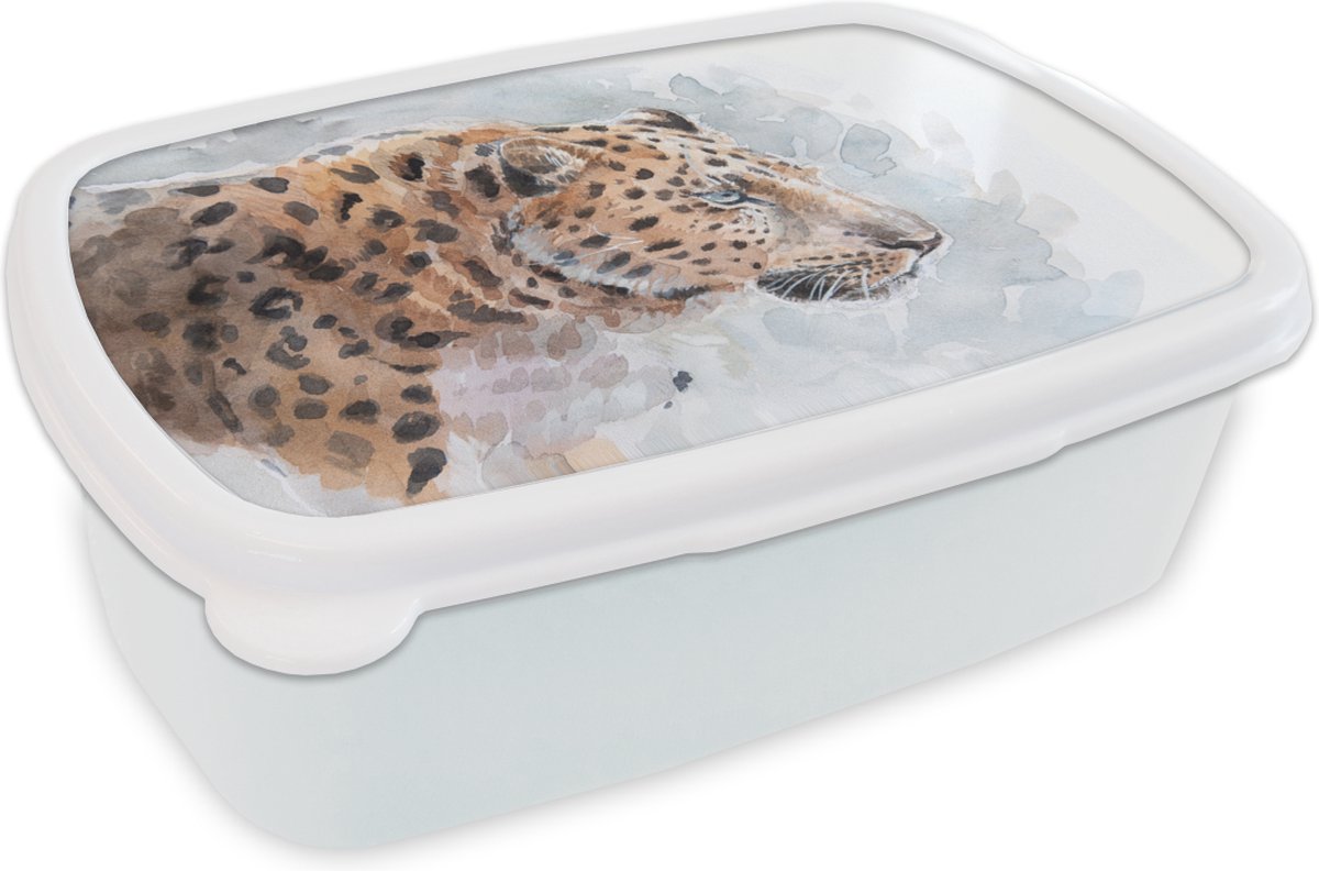 Broodtrommel Wit - Lunchbox - Brooddoos - Luipaard - Waterverf - Blauw - 18x12x6 cm - Volwassenen