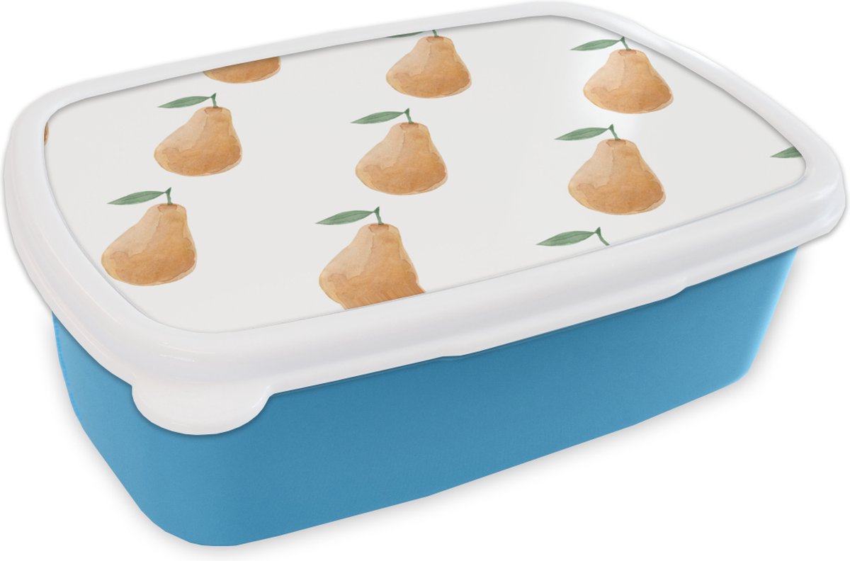 Broodtrommel Blauw - Lunchbox - Brooddoos - Peren - Aquarelverf - Wit - 18x12x6 cm - Kinderen - Jongen