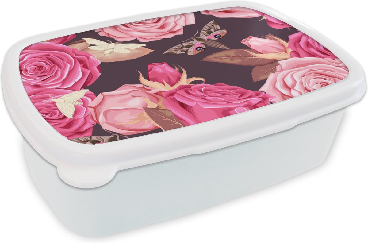 Broodtrommel Wit - Lunchbox - Brooddoos - Rozen - Insecten - Patroon - 18x12x6 cm - Volwassenen