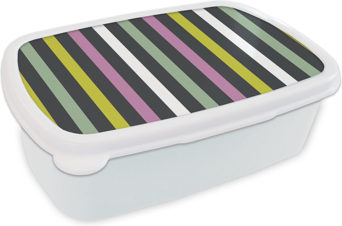Broodtrommel Wit - Lunchbox - Brooddoos - Streep - Groen - Roze - 18x12x6 cm - Volwassenen