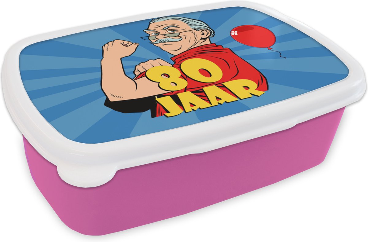 Broodtrommel Roze - Lunchbox - Brooddoos - Verjaardag - Man - 80 Jaar - 18x12x6 cm - Kinderen - Meisje