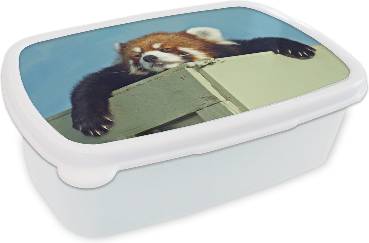 Broodtrommel Wit - Lunchbox - Brooddoos - Panda - Hout - Rood - 18x12x6 cm - Volwassenen