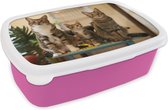 Broodtrommel Roze - Lunchbox - Brooddoos - Drie katten op kleine tafel - 18x12x6 cm - Kinderen - Meisje
