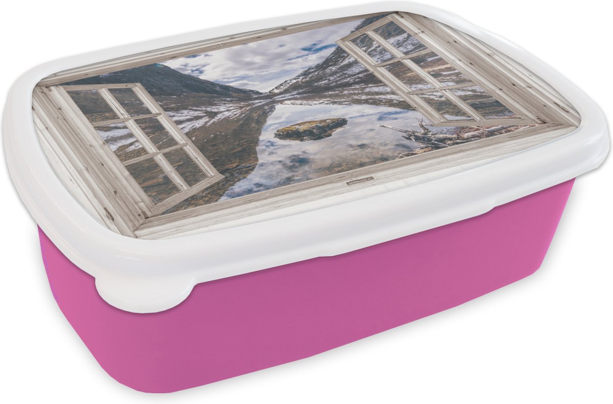 Broodtrommel Roze - Lunchbox - Brooddoos - Doorkijk - Bergen - Steen - 18x12x6 cm - Kinderen - Meisje