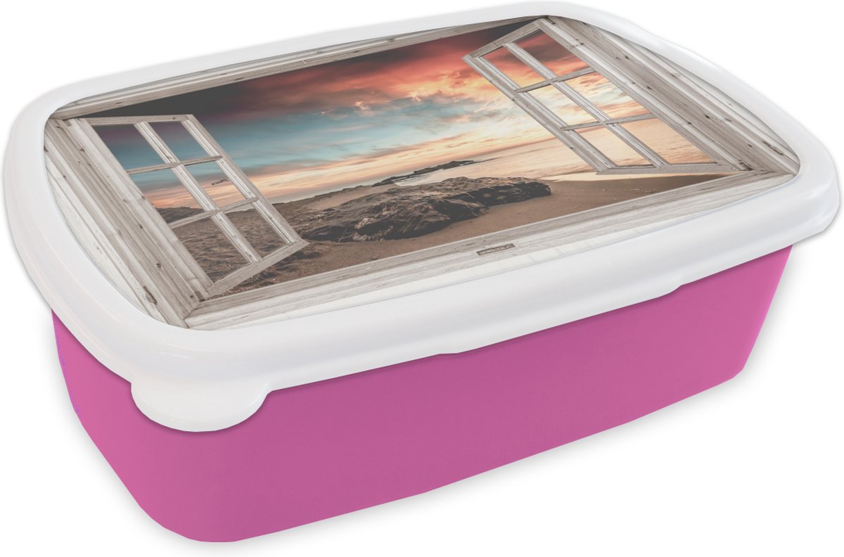 Broodtrommel Roze - Lunchbox - Brooddoos - Doorkijk - Strand - Zee - 18x12x6 cm - Kinderen - Meisje