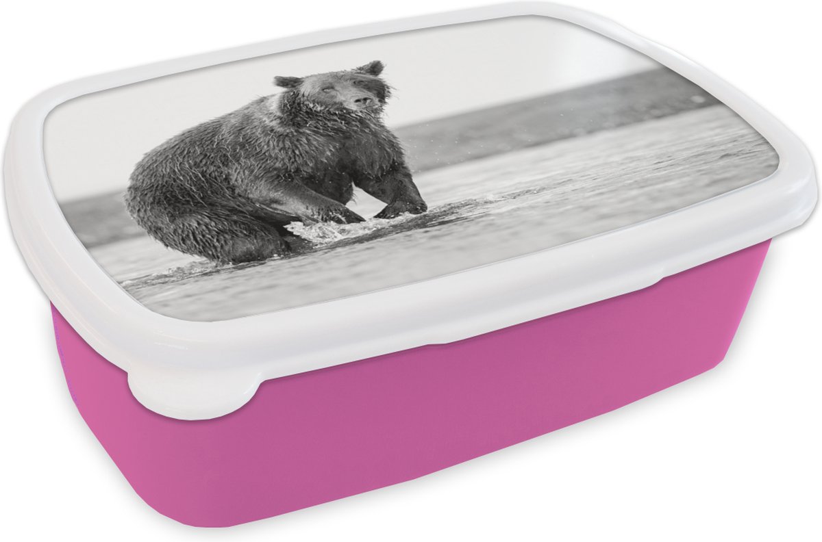 Broodtrommel Roze - Lunchbox - Brooddoos - Beer - Vis - Water - 18x12x6 cm - Kinderen - Meisje