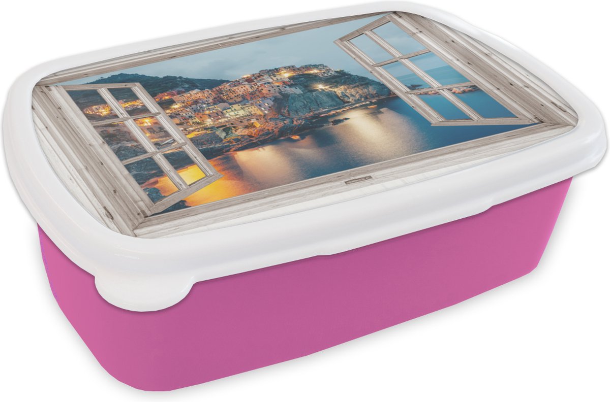 Broodtrommel Roze - Lunchbox - Brooddoos - Doorkijk - Italië - Zee - 18x12x6 cm - Kinderen - Meisje
