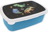 Broodtrommel Blauw - Lunchbox - Brooddoos - Sterren - Dinosaurus - Kindje - Meiden - Jongens - Kids - Kinderen - 18x12x6 cm - Kinderen - Jongen