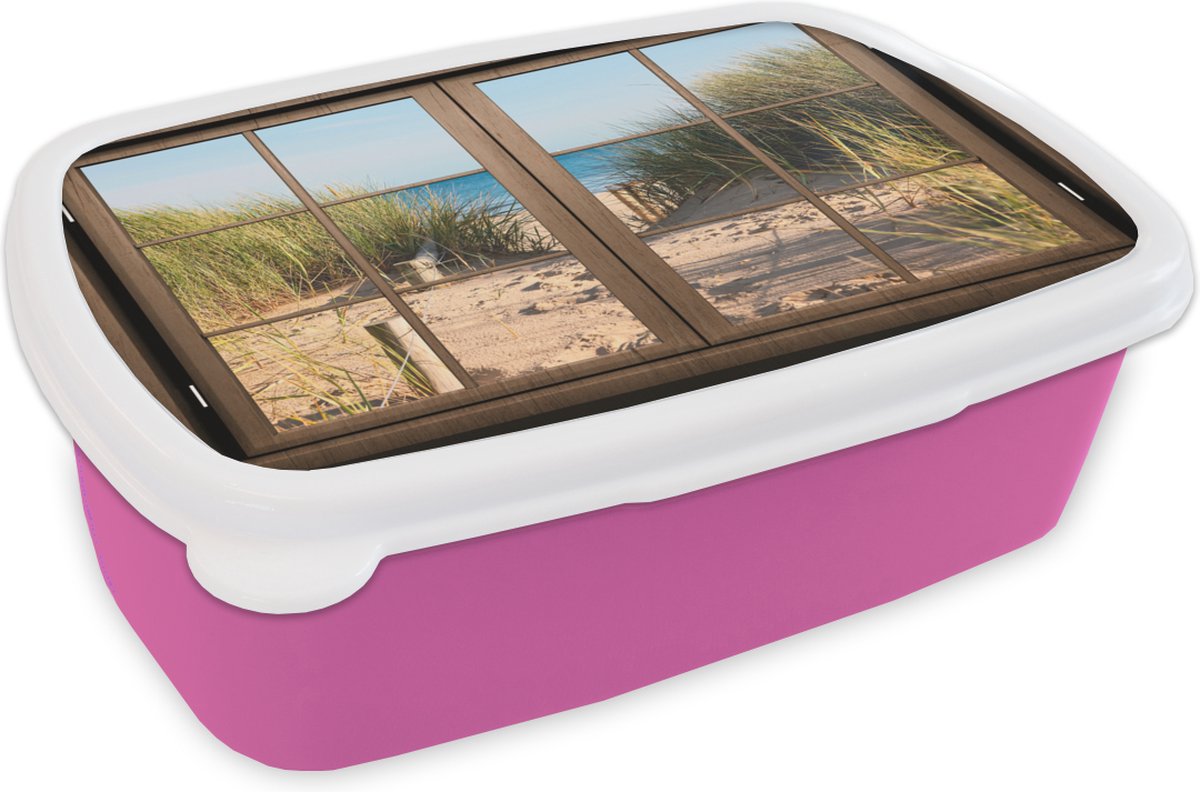 Broodtrommel Roze - Lunchbox - Brooddoos - Doorkijk - Strand - Gras - 18x12x6 cm - Kinderen - Meisje