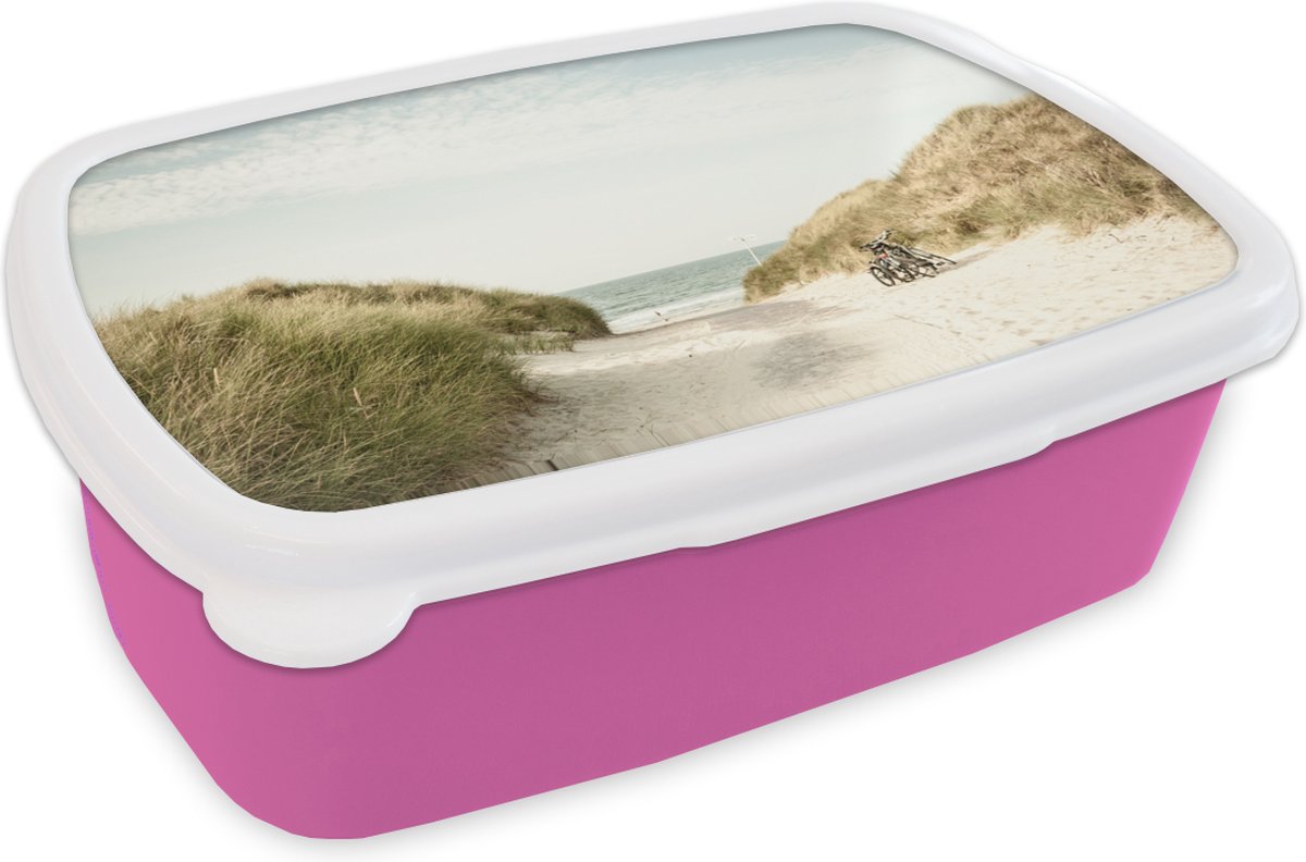 Broodtrommel Roze - Lunchbox - Brooddoos - Strand - Duin - Fiets - 18x12x6 cm - Kinderen - Meisje