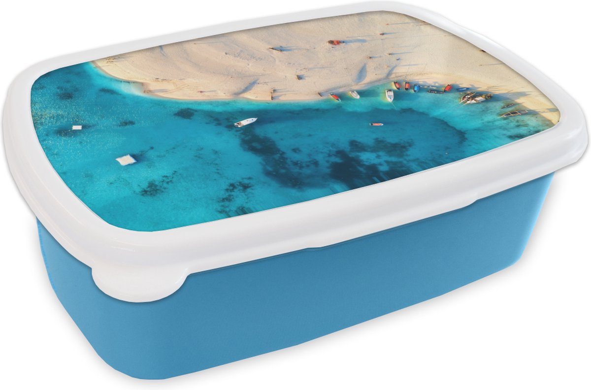 Broodtrommel Blauw - Lunchbox - Brooddoos - Strand - Boot - Zee - 18x12x6 cm - Kinderen - Jongen