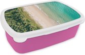 Broodtrommel Roze - Lunchbox - Brooddoos - Strand - Bomen - Water - 18x12x6 cm - Kinderen - Meisje