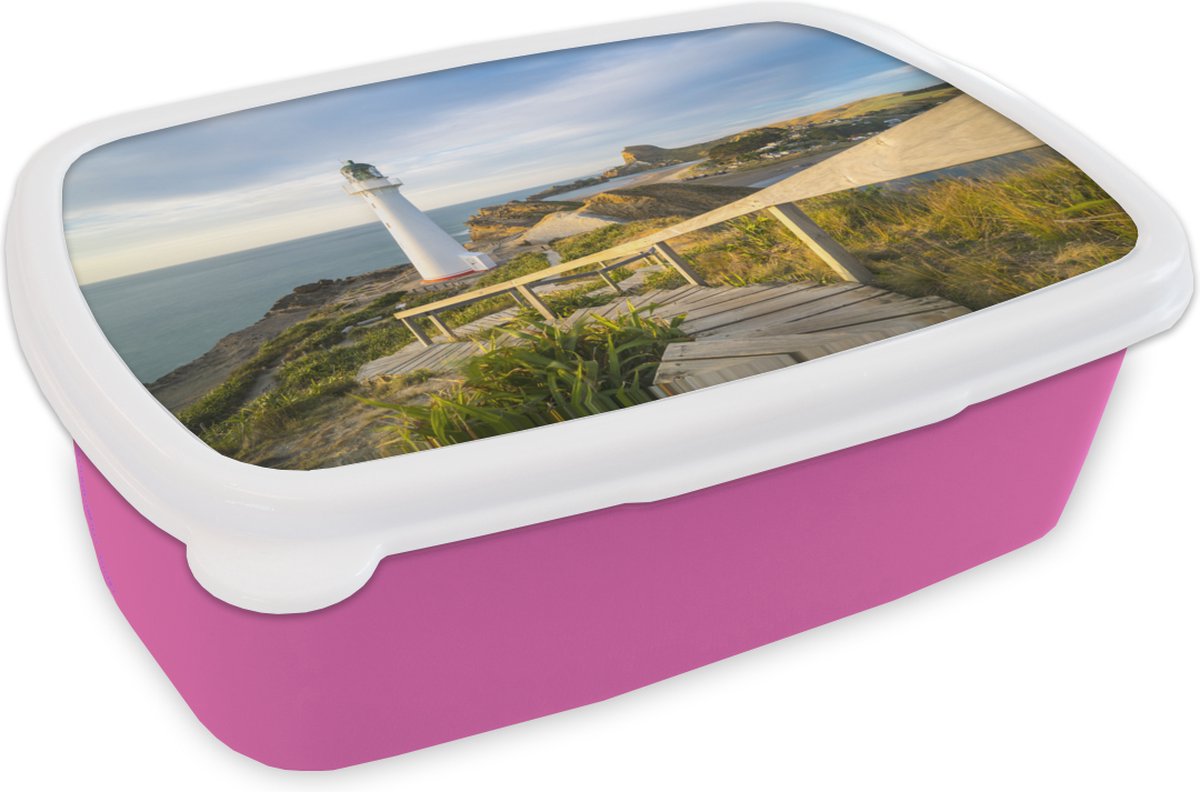 Broodtrommel Roze - Lunchbox - Brooddoos - Zee - Vuurtoren - Wit - 18x12x6 cm - Kinderen - Meisje
