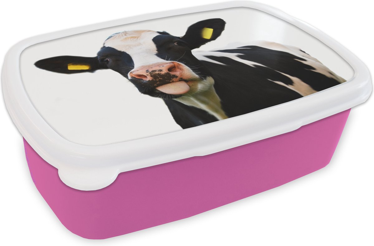 Broodtrommel Roze - Lunchbox - Brooddoos - Koe - Zwart - Wit - 18x12x6 cm - Kinderen - Meisje