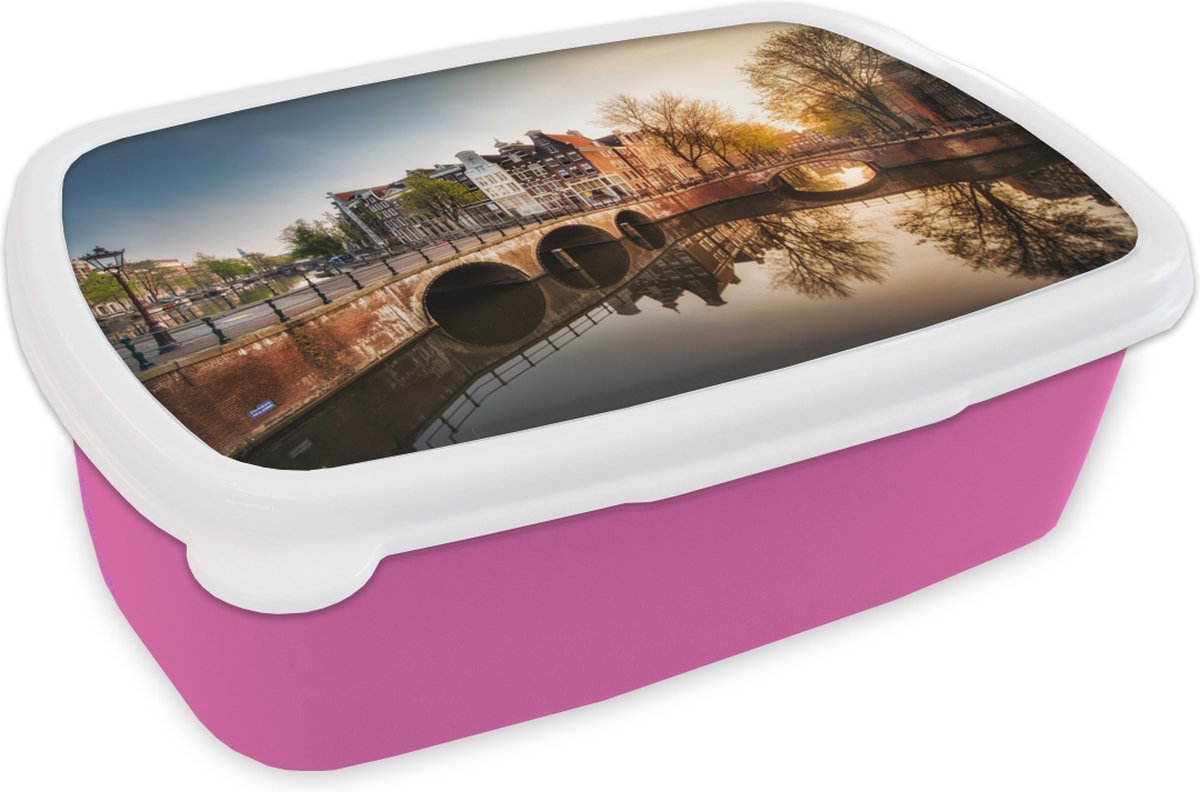 Broodtrommel Roze - Lunchbox - Brooddoos - Zon - Amsterdam - Water - 18x12x6 cm - Kinderen - Meisje