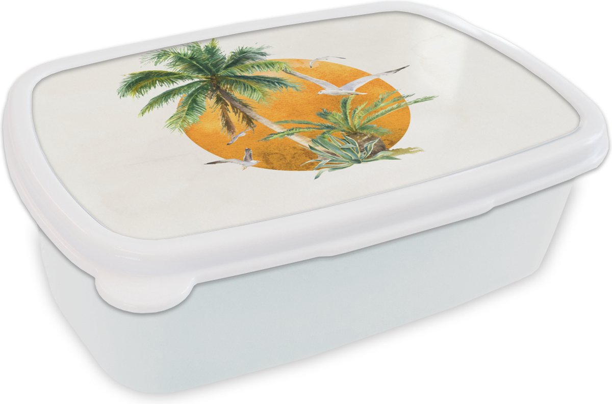 Broodtrommel Wit - Lunchbox - Brooddoos - Zon - Palmboom - Vogel - 18x12x6 cm - Volwassenen