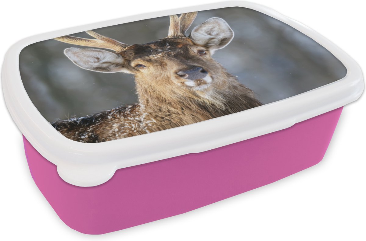 Broodtrommel Roze - Lunchbox - Brooddoos - Hert - Gewei - Bruin - Wit - 18x12x6 cm - Kinderen - Meisje