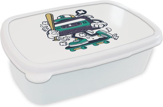 Broodtrommel Wit - Lunchbox - Brooddoos - Cassettebandjes - Honkbalknuppel - Skateboard - Vintage - 18x12x6 cm - Volwassenen