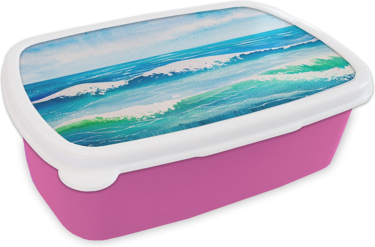 Broodtrommel Roze - Lunchbox - Brooddoos - Waterverf - Golf - Zee - 18x12x6 cm - Kinderen - Meisje
