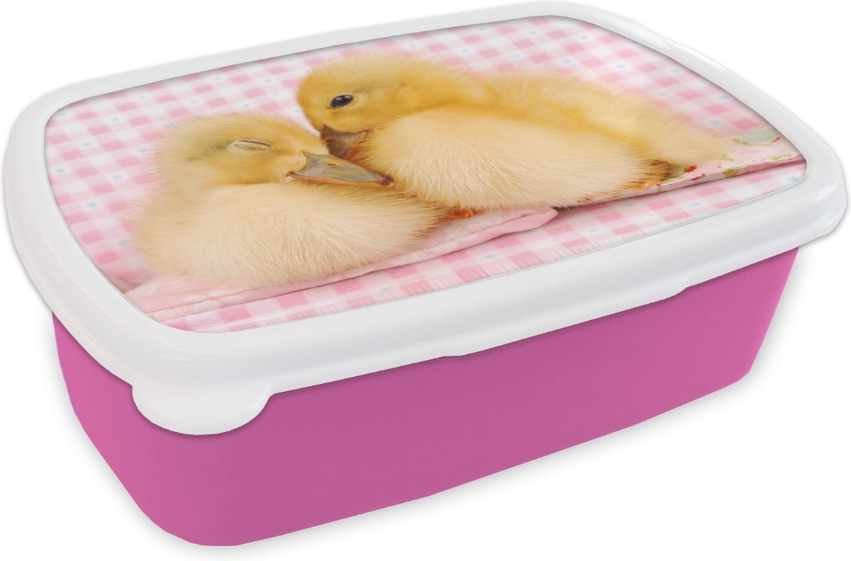 Broodtrommel Roze - Lunchbox - Brooddoos - Eend - Liefde - Kuiken - 18x12x6 cm - Kinderen - Meisje
