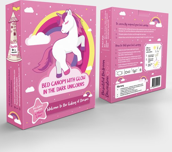 Goodivery ® Prinses regenboog-bedhemel met eenhoorn-slot licht op in het donker Goodivery ® Prinses regenboog-bedhemel met eenhoorn-slot licht op in het donker