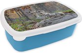 Broodtrommel Blauw - Lunchbox - Brooddoos - Wolf - Herfst - Bos - 18x12x6 cm - Kinderen - Jongen