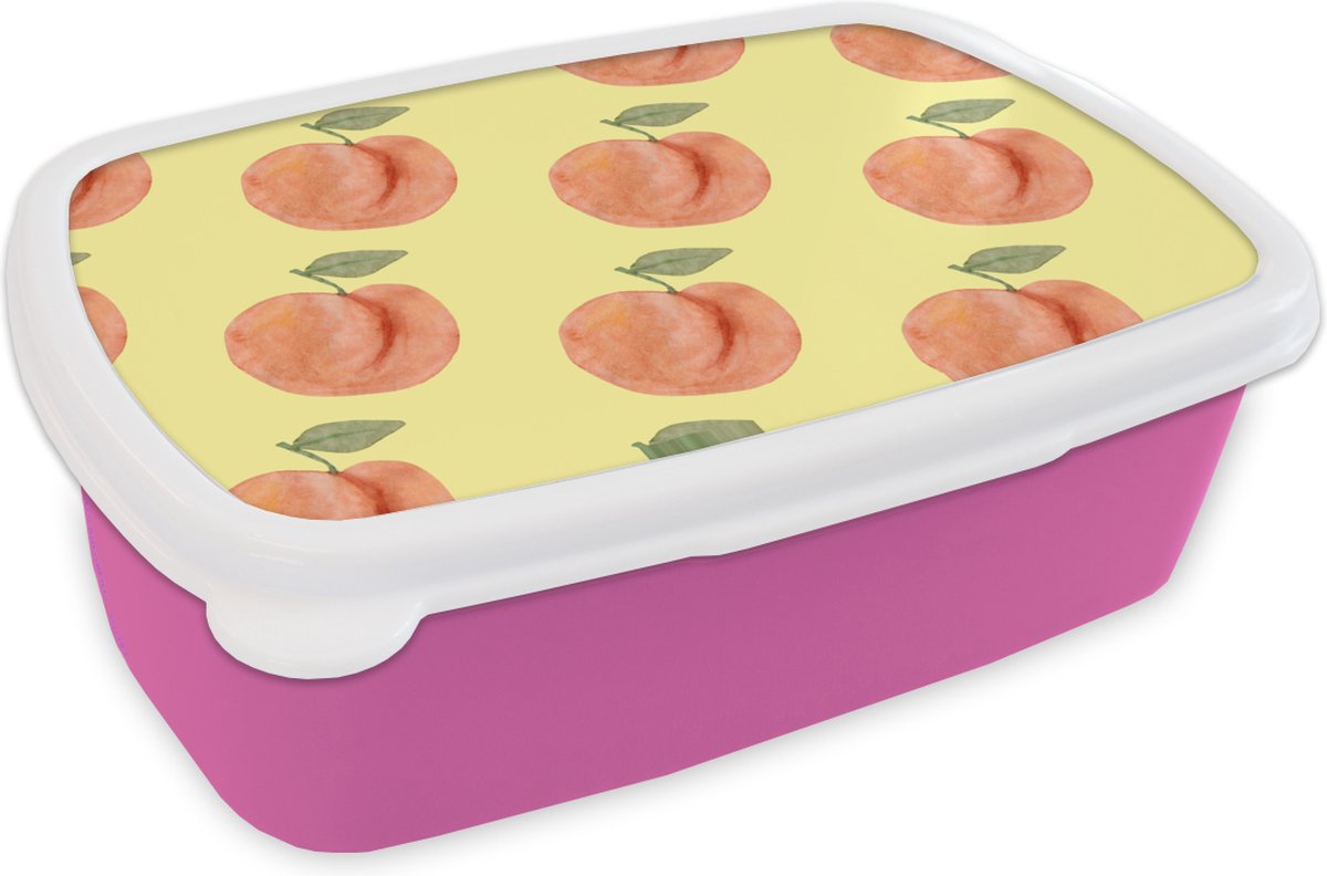 Broodtrommel Roze - Lunchbox - Brooddoos - Perziken - Fruit - Geel - 18x12x6 cm - Kinderen - Meisje