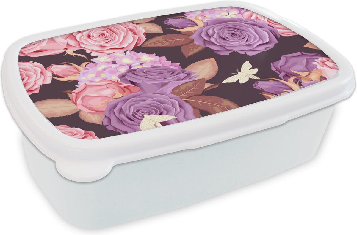 Broodtrommel Wit - Lunchbox - Brooddoos - Bloemen - Vlinders - Paars - Roze - 18x12x6 cm - Volwassenen