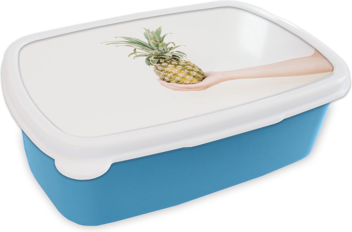 Broodtrommel Blauw - Lunchbox - Brooddoos - Ananas - Geel - Tropisch - 18x12x6 cm - Kinderen - Jongen