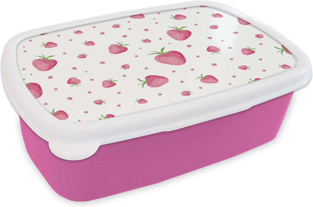Broodtrommel Roze - Lunchbox - Brooddoos - Aardbei - Fruit - Wit - 18x12x6 cm - Kinderen - Meisje