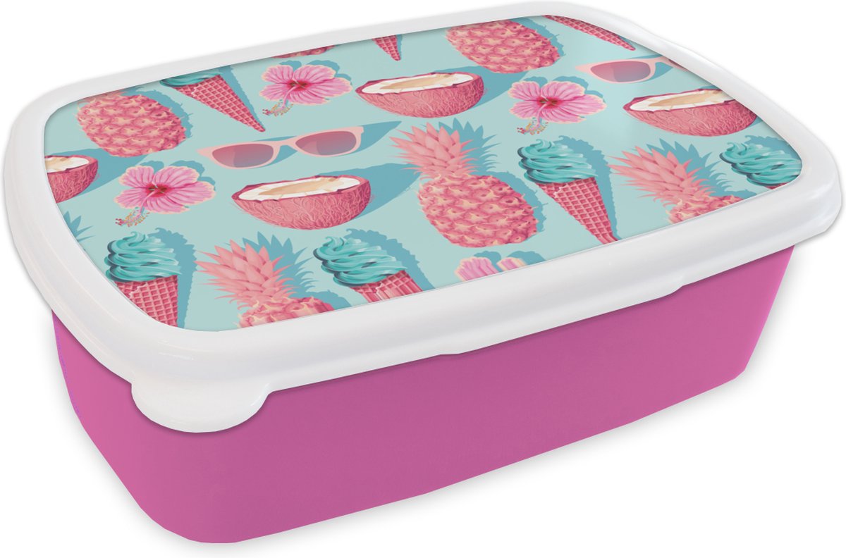 Broodtrommel Roze - Lunchbox - Brooddoos - Zomer - Ananas - Bloemen - Zonnebrillen - 18x12x6 cm - Kinderen - Meisje