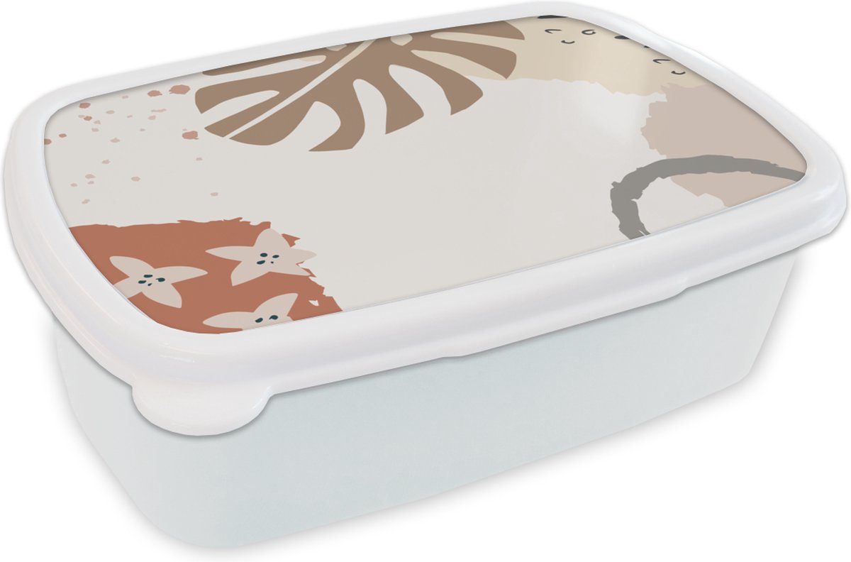 Broodtrommel Wit - Lunchbox - Brooddoos - Zomer - Monstera - Grijs - 18x12x6 cm - Volwassenen