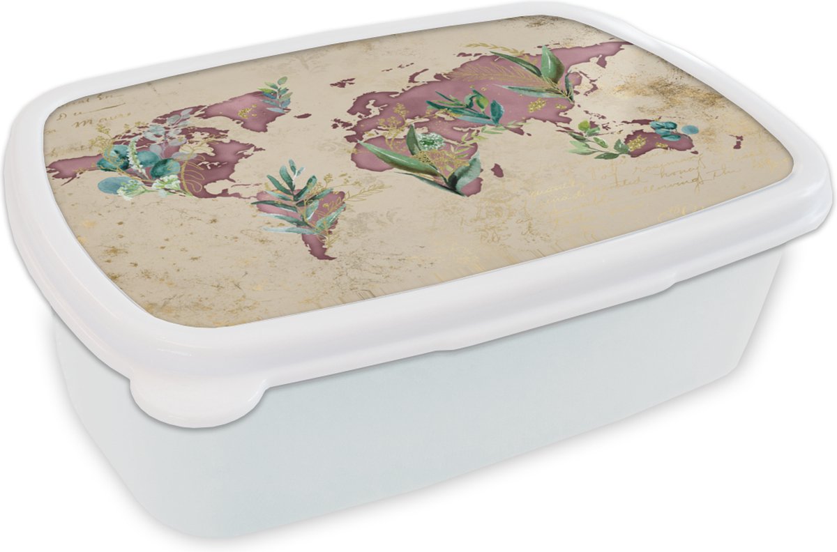 Broodtrommel Wit - Lunchbox - Brooddoos - Wereldkaart - Papyrus - Retro - 18x12x6 cm - Volwassenen