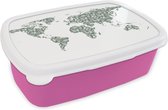 Broodtrommel Roze - Lunchbox - Brooddoos - Wereldkaart - Tropische Planten - Wit - 18x12x6 cm - Kinderen - Meisje