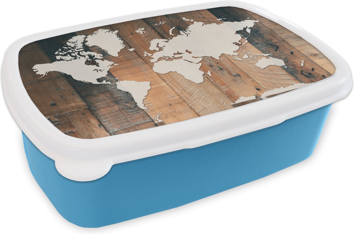 Broodtrommel Blauw - Lunchbox - Brooddoos - Wereldkaart - Hout - Wit - 18x12x6 cm - Kinderen - Jongen