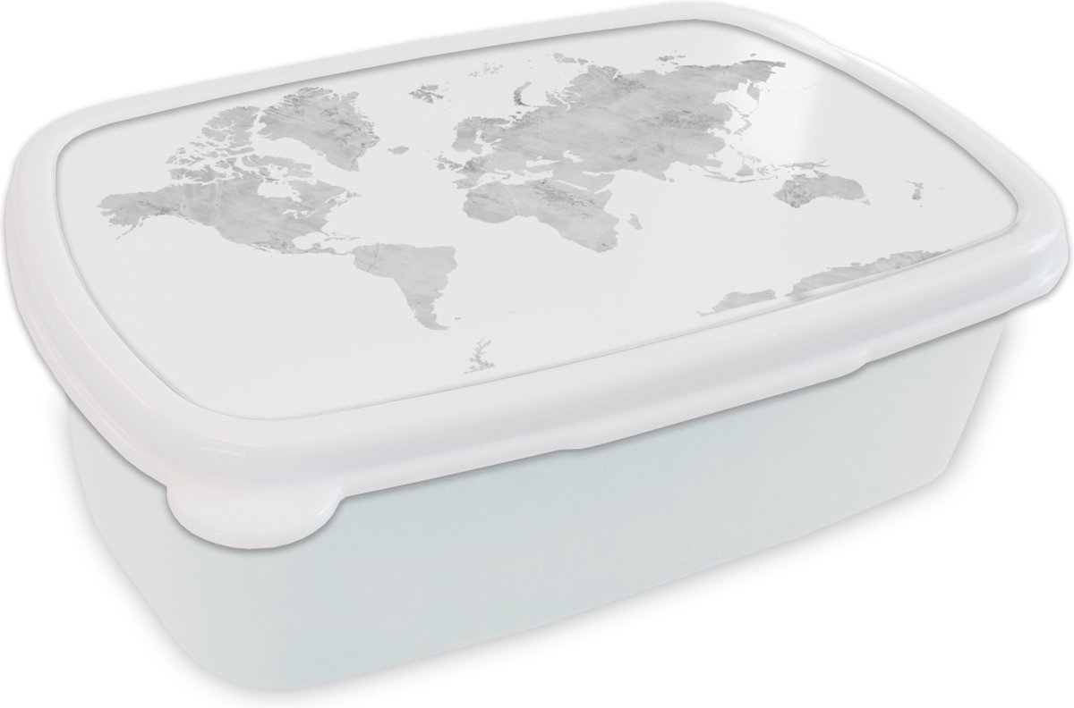 Broodtrommel Wit - Lunchbox - Brooddoos - Wereldkaart - Grijs - Marmer - 18x12x6 cm - Volwassenen