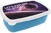 Broodtrommel Blauw - Lunchbox - Brooddoos - Quotes - 'Let's explore the universe' - Spreuken - Jongens - Kids - Kinderen - 18x12x6 cm - Kinderen - Jongen