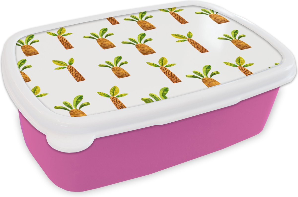 Broodtrommel Roze - Lunchbox - Brooddoos - Palmbomen - Jungle - Wit - 18x12x6 cm - Kinderen - Meisje