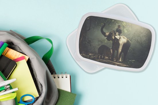 Boîte à lunch Wit - Boîte à lunch - Boîte à lunch - Dresseur d'éléphant avec un éléphant et son bébé dans la forêt - 18x12x6 cm - Adultes - Cadeau Sinterklaas - Distribution de cadeaux pour enfants - Chaussures cadeaux Sinterklaas