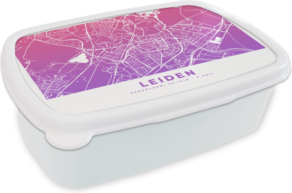 Broodtrommel Wit - Lunchbox - Brooddoos - Stadskaart - Leiden - Paars - 18x12x6 cm - Volwassenen