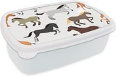 Broodtrommel Wit - Lunchbox - Brooddoos - Paarden - Kleuren - Patroon - Meisjes - Kinderen - Meiden - 18x12x6 cm - Volwassenen